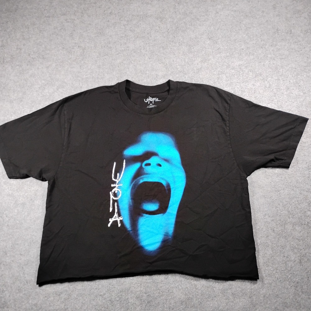 Travis Scott Utopia 2023 Album Merch Black Graphic T-Shirt XL Raw Hem Cropped